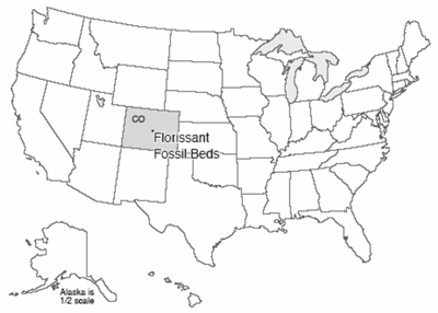 Map of U.S. with Florissant Fossil Beds National Monument highlighted in central Colorado.